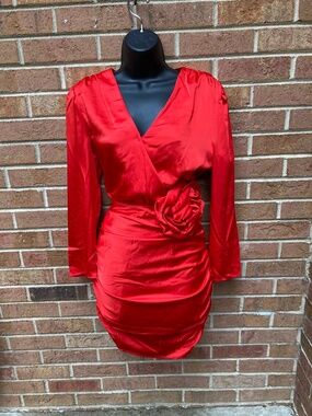Long Sleeve Rosette Mini Dress - Future Collective Red, Size: 6